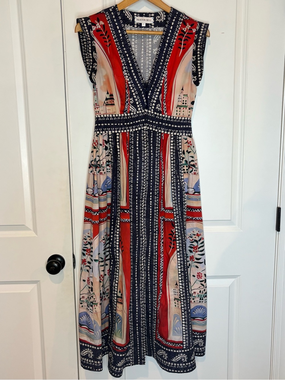 Hunter Bell April Coastal Village Red Blue Print Sleeveless V-neck Zip Dress 2